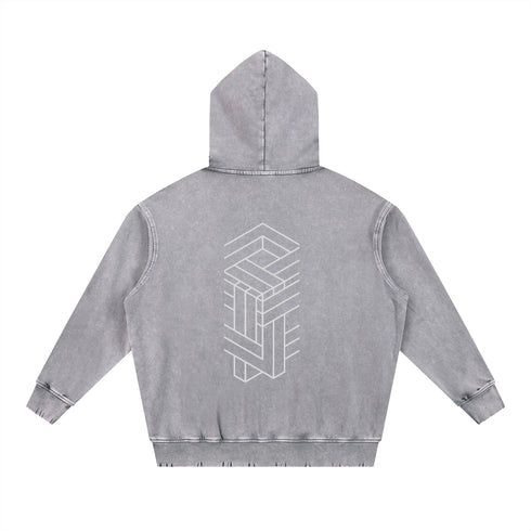 Gray hoodie with geometric design on the back against a white background